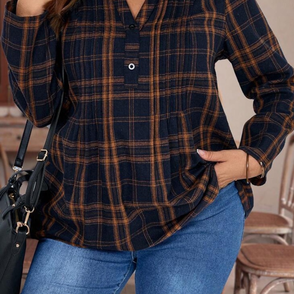 SHEIN Blue and Brown Button Down Shirt with Mandarin Collar